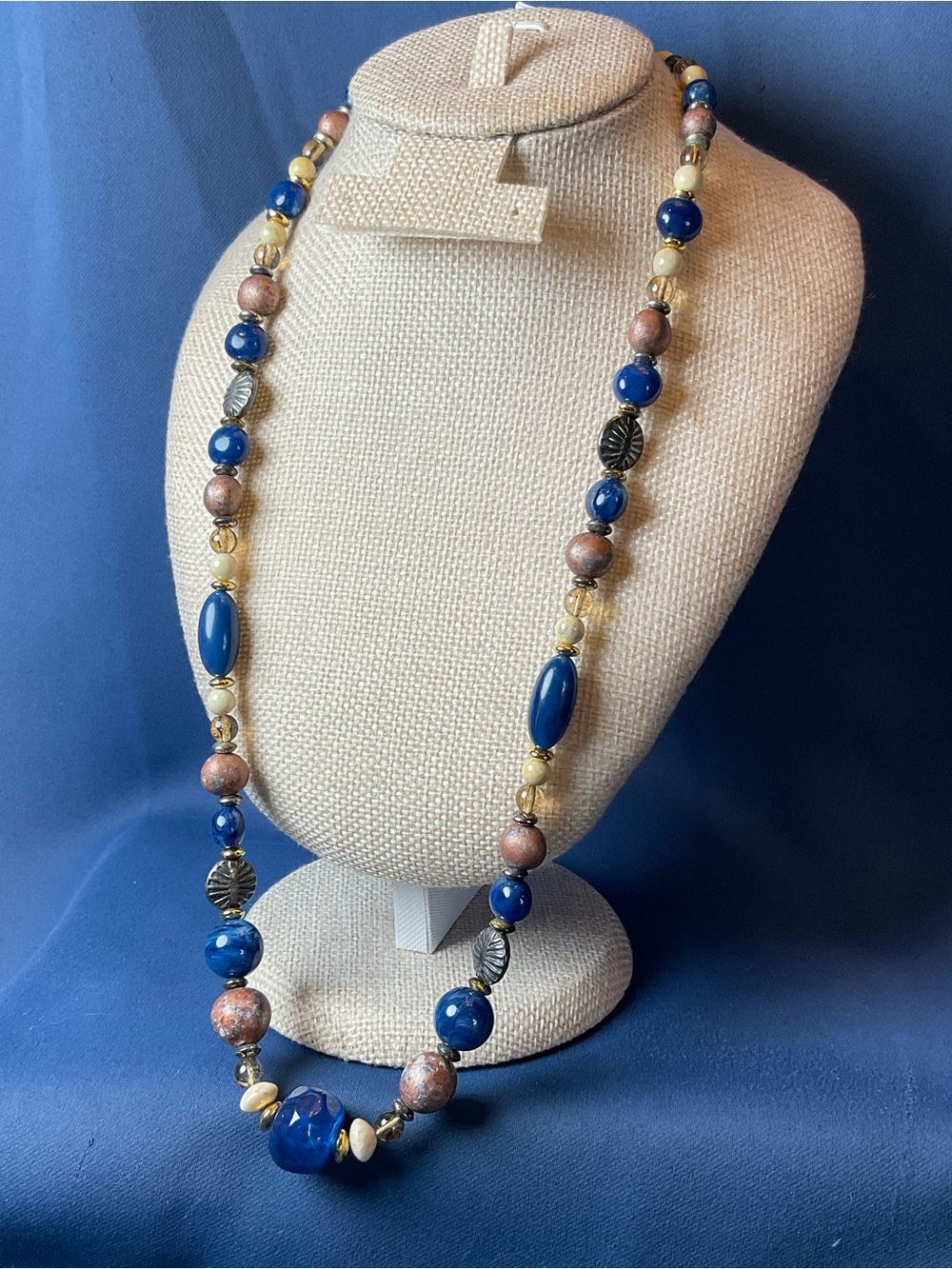 Boho Blue Beaded Statement Necklace | Artisan Style Mixed Beads | Long Necklace